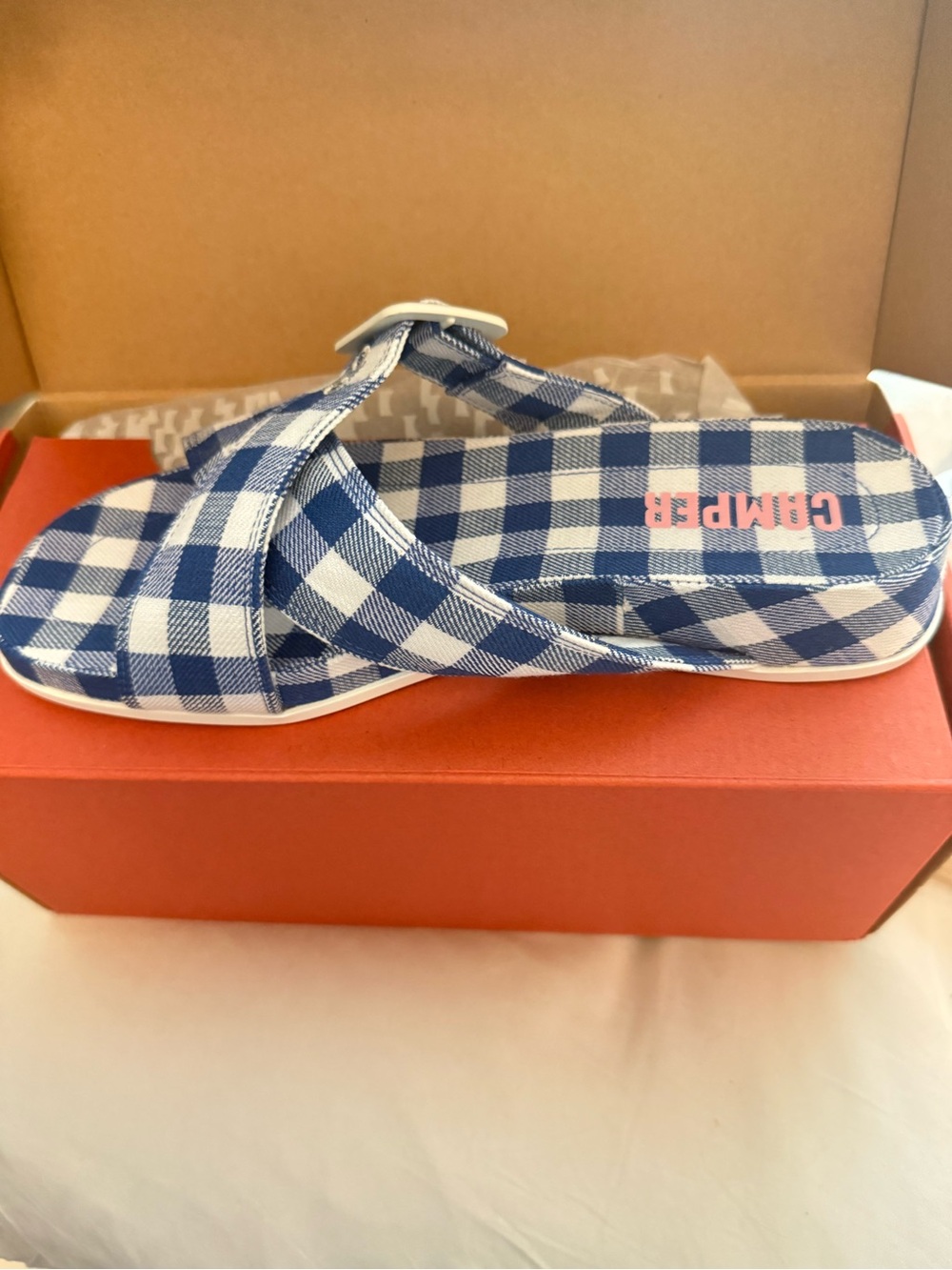 Camper Multicolor Strappy Slide Sandal - Blue/White Pattern